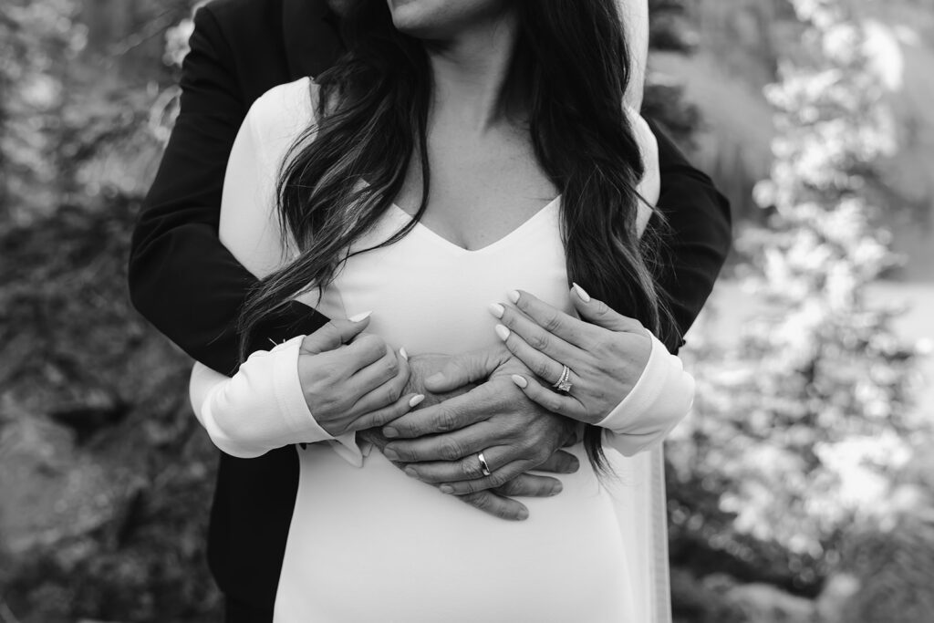 black and white photo of bride and groom 